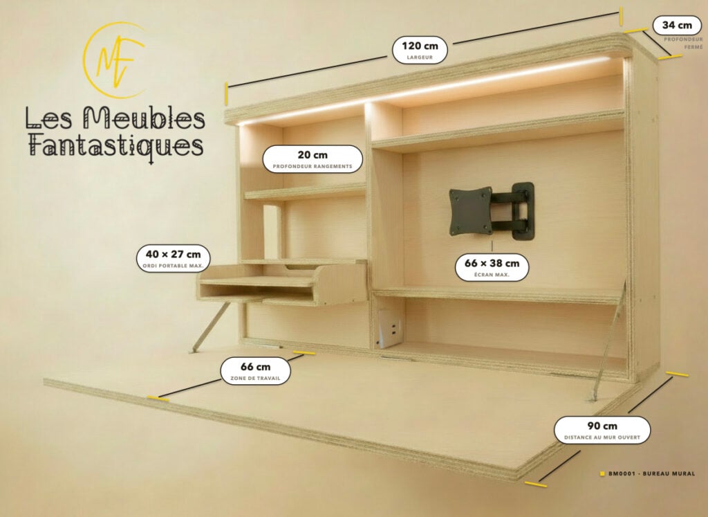 Plan coté du bureau mural rabattable, version écran et tiroir