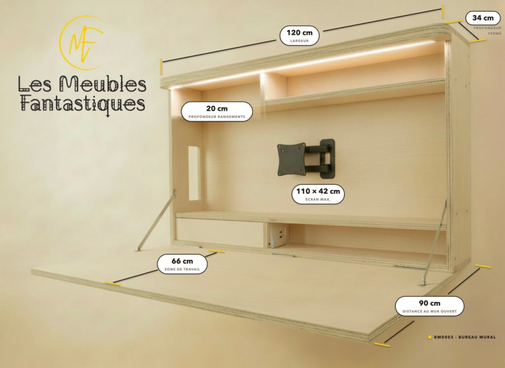 Plan coté du bureau mural rabattable, version mono écran
