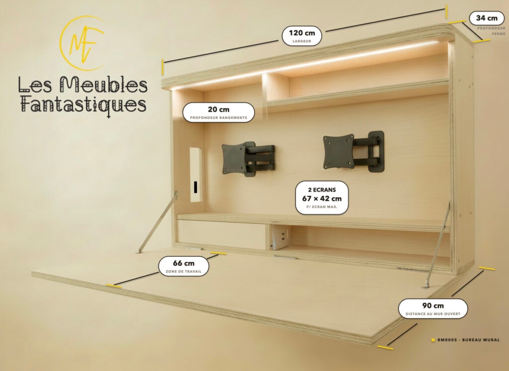 Plan coté du bureau mural rabattable, version double écran