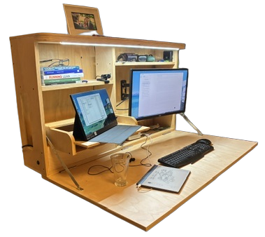 Bureau mural rabattable ouvert, vu de trois quarts, avec écran, ordinateur portable et clavier